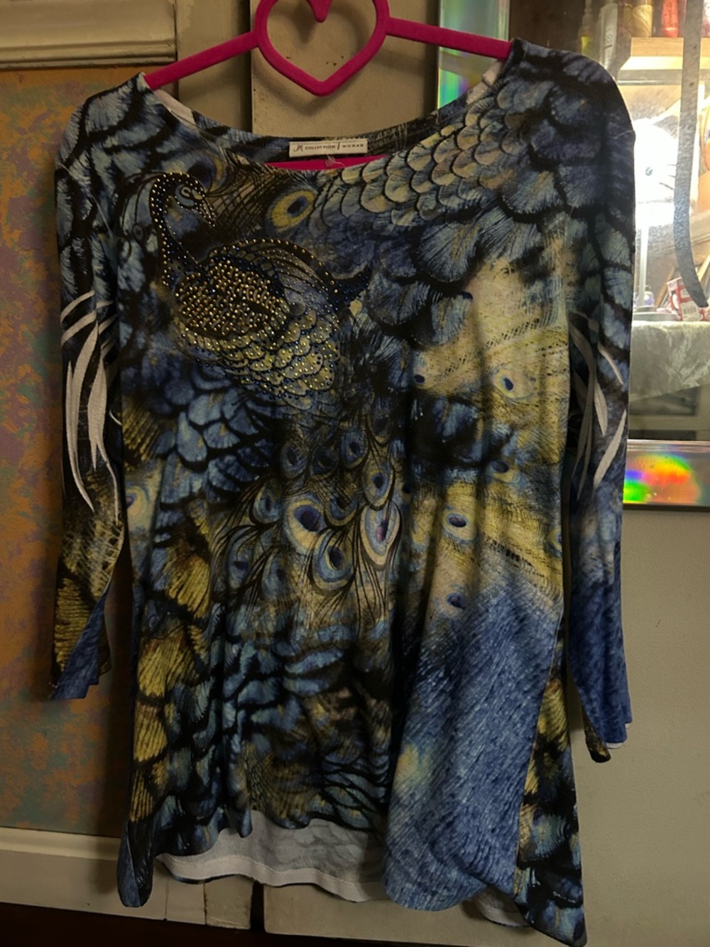 JM Collection Blue & Yellow Peacock-Print Long Sleeve Top